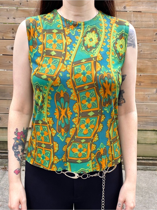 Tops - Vintage 1970s Green & Orange Abstract Print Sleeveless Top